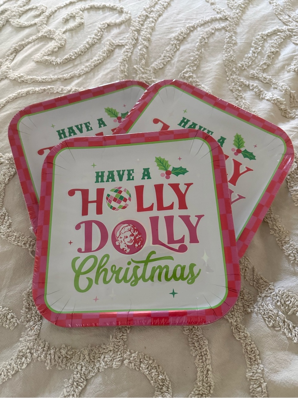 Have a Holly Dolly Christmas Holiday Square Plates - Pink & Green 24 total
